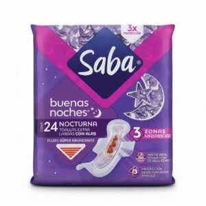 Saba Buenas Noches Nocturna Toallas Extra Largas con Alas Flujo Súper Abundante Cont. 24 Toallas